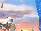 a painting of a man riding a horse with kites in the sky