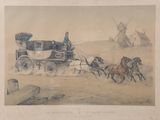 drawing of a horse drawn carriage being pulled by two horses