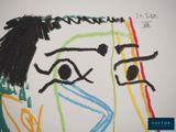 drawing of a woman ' s face on a piece of paper with colored crayons
