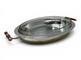 an image of a silver plate with a handle on a white background