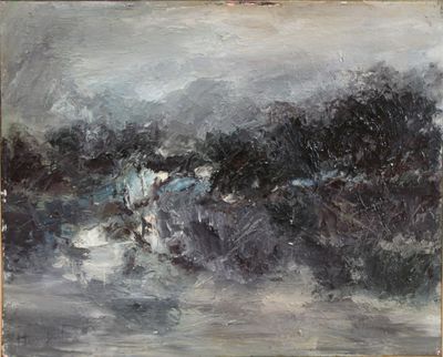 une peinture à l'huile représentant un paysage avec des arbres en arrière-plan