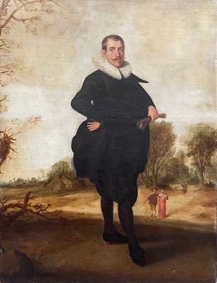 un vieux tableau représentant un homme vêtu d'un manteau noir à col blanc