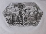 a black and white drawing of a man standing in front of a dog