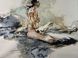 painting of a nude woman sitting on the ground with her legs crossed