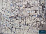 abstract painting of a cityscape with a lot of buildings in the background