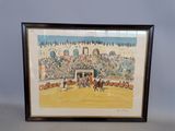 une image représentant un tableau illustrant une course de chevaux dans un stade