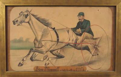 tableau représentant un homme à cheval, peint par un homme assis sur une charrette