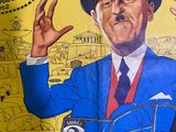 a poster of a man in a blue suit and hat driving a car