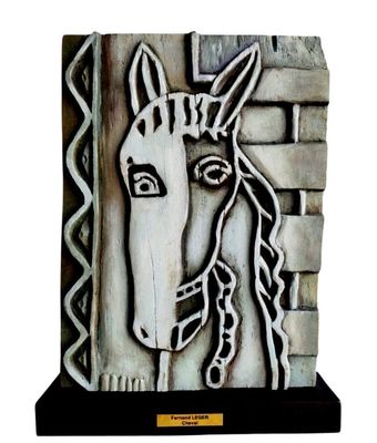 painting of a horse on a stone block with a brick wall in the background
