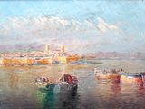 un tableau représentant des bateaux flottant sur l'eau près d'une ville