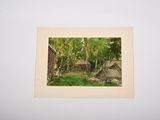 a picture of a painting of a house in the woods