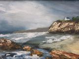 a painting of a lighthouse on top of a cliff