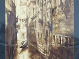 tableau représentant une ruelle étroite avec un bateau dans l'eau