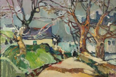 une image d'une peinture représentant une maison et des arbres dans un champ