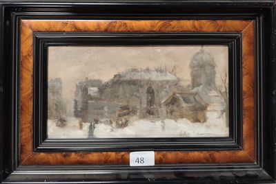 an oil painting of a city scene with a horse drawn carriage in the foreground