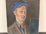 painting of a man with a blue beret looking at a mirror