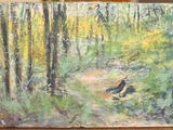 un tableau représentant un chien assis dans les bois