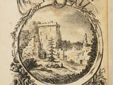 an old book with a drawing of a castle in the middle