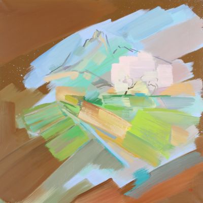 an abstract painting of a green and yellow flower on a brown background