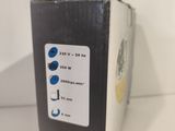 a black box with a blue and white label on it