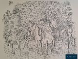 drawing of a group of people riding horses in a field