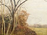 an oil painting of a field with trees in the foreground