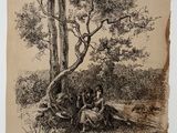 a drawing of two people sitting under a tree in a field
