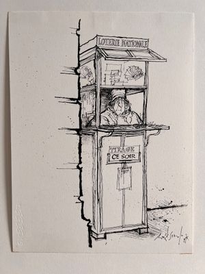 un dessin représentant un kiosque situé à l'angle d'un immeuble