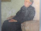 un vieux tableau représentant une femme assise sur une chaise dans une pièce
