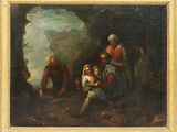 une peinture à l'huile représentant une famille dans une grotte, avec un homme tenant un enfant dans ses bras