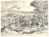 drawing of a view of a town with a river and a village