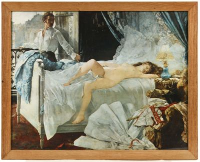 un tableau représentant une femme allongée sur un lit à côté d'un homme nu