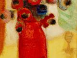 un tableau représentant un vase rouge contenant des fleurs