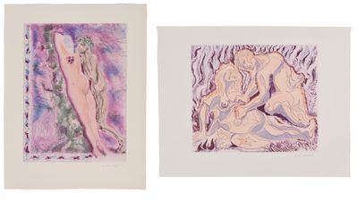 three framed prints of nudes on a white background, one of them is purple and the other is pink