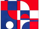 une peinture abstraite composée de formes rouges, blanches et bleues sur fond blanc