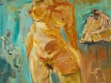 une peinture à l'huile représentant une femme nue debout devant un miroir