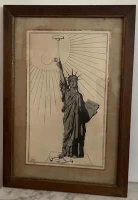 une vieille photo de la statue de la Liberté tenant un parapluie