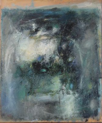 an oil painting of a black and white painting on a wooden surface