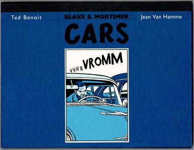couverture bleue avec un dessin représentant un homme au volant d'une voiture bleue