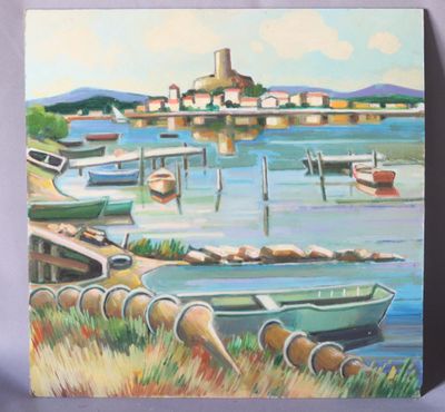 Max TOUTAIN (1935-2006), "Gruissan, barques sur l'étang", hu…