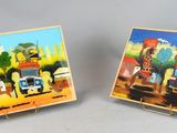 painting of a couple of pictures of a city and a train