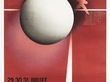 a poster advertising a tennis match with a ball on the court