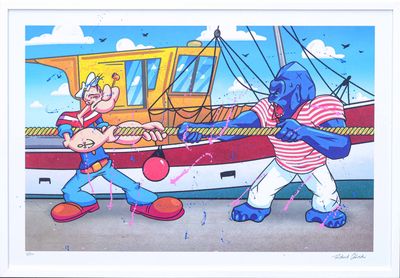 painting of two cartoon characters fighting over a boat in a harbor