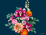brightly colored flowers in a vase on a dark blue background