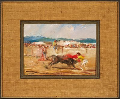 une peinture à l'huile représentant un cheval et son cavalier sur une plage de sable