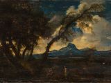 une image représentant un tableau représentant un paysage avec des arbres et une montagne au loin