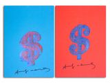 deux tableaux représentant un signe « $ » et un autre signe « $ » sur un fond rouge et bleu