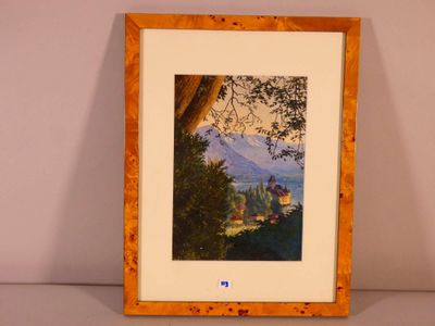 framed painting of a landscape with a castle in the distance