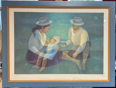 a painting of a man and a woman sitting on a bench