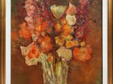 une peinture à l'huile représentant des fleurs dans un vase sur une table